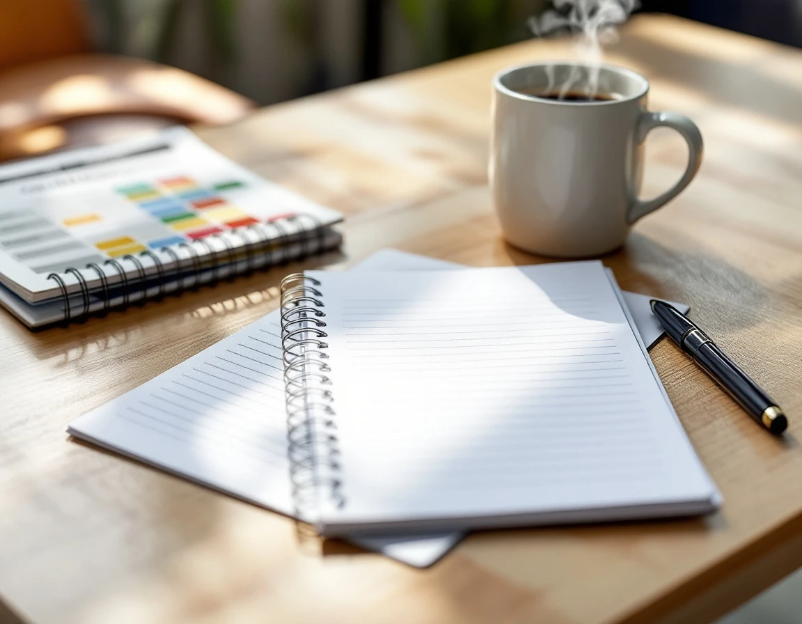 Open notebook and coffee on desk ready for post-expo action planning session