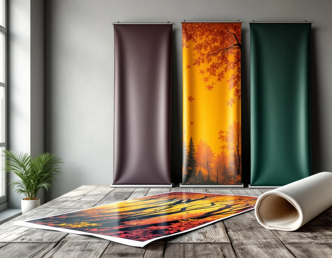 Professional vinyl banners and glossy poster prints arranged on wooden table showing print quality details