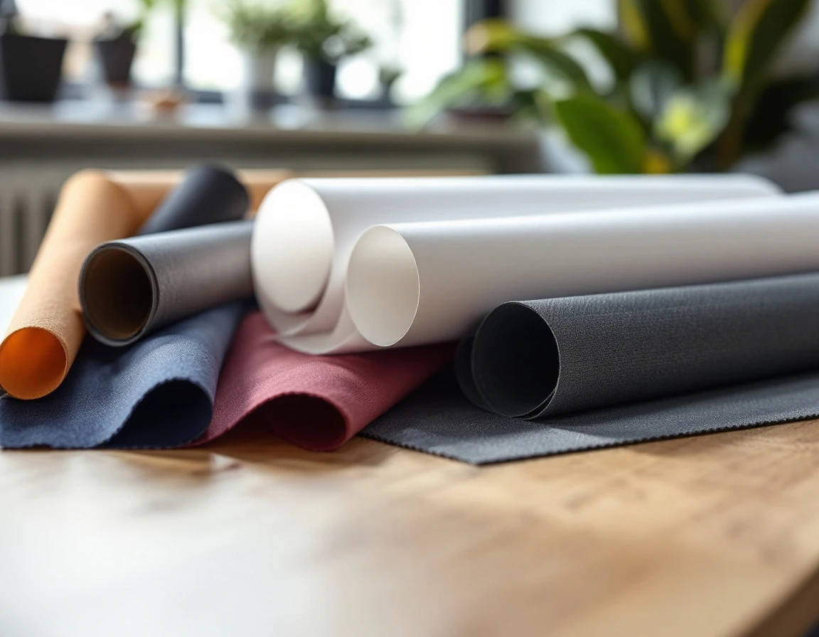 Professional printing materials including rolled posters and banner samples displayed on office desk