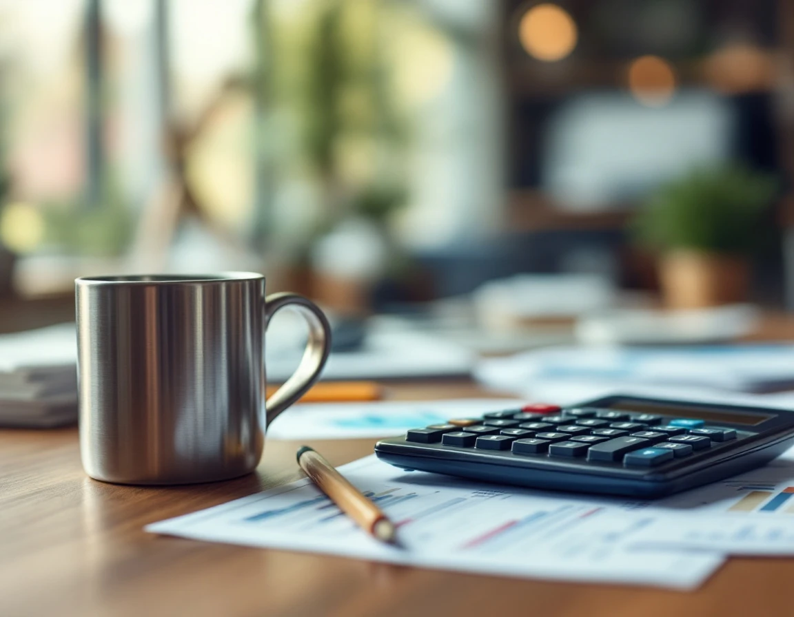 Financial calculator and coffee mug on print shop owner's desk with blurred papers in background