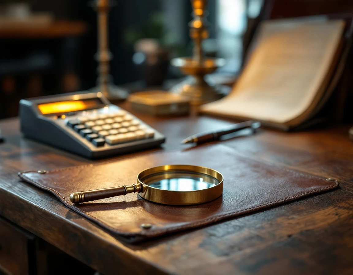 Vintage accounting tools including brass magnifying glass, mechanical calculator, and fountain pen on wooden desk