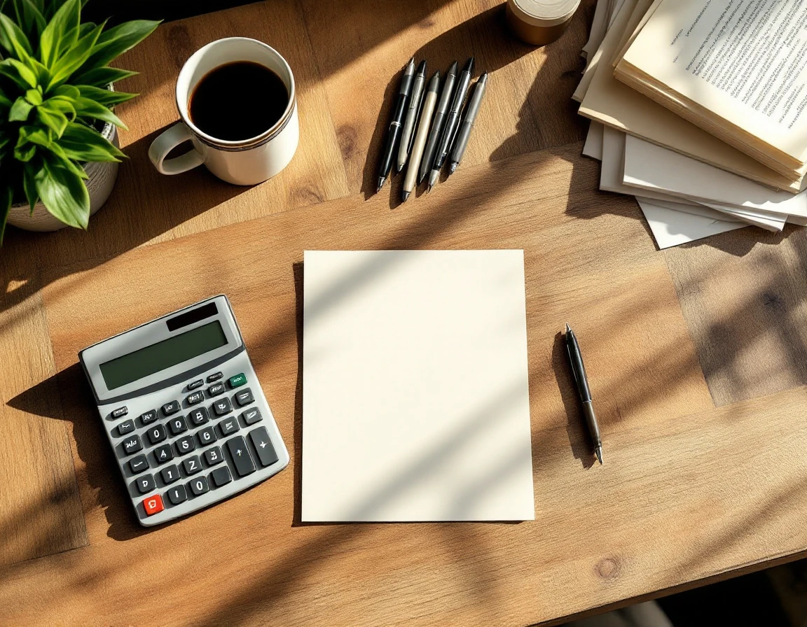 Desktop calculator with blank papers and coffee mug on wooden desk in print shop office workspace