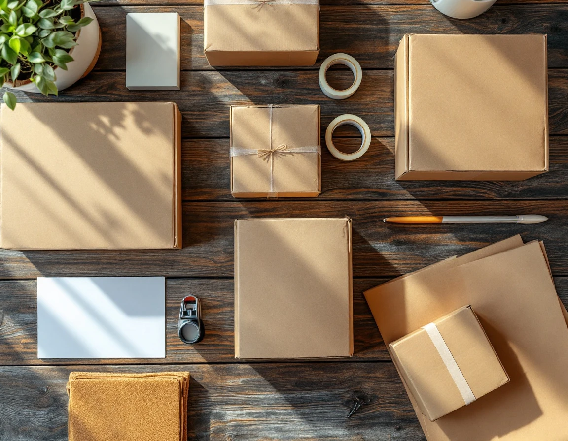 Overhead view of blank shipping supplies including kraft boxes, packing tape, and materials on wooden desk