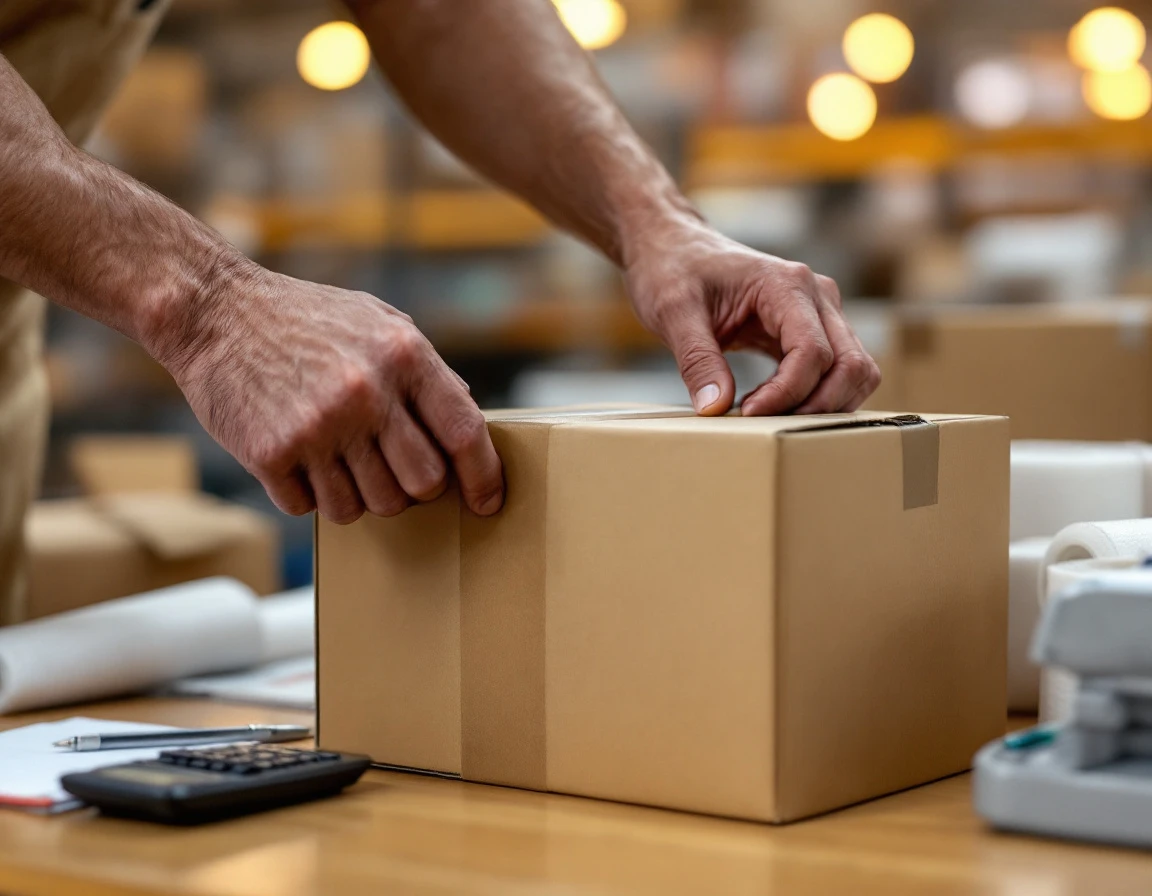 Hands taping a shipping box with packing materials and calculator on warehouse workstation