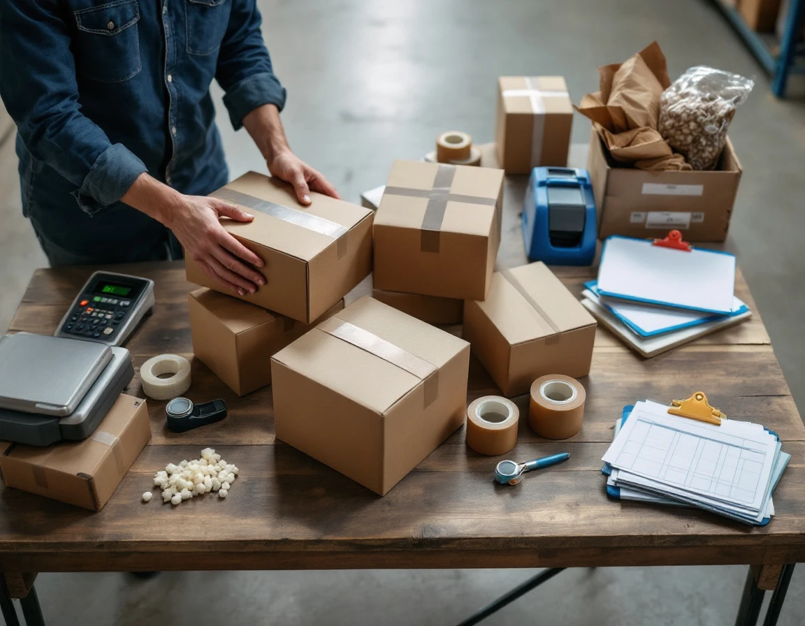 Shipping supplies and cardboard boxes organized on warehouse work table during USPS peak season preparation