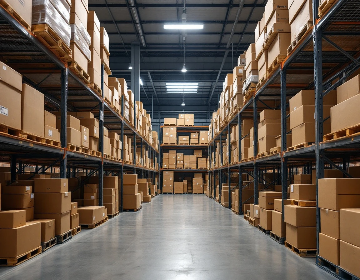 Warehouse shelving stocked with shipping boxes and packaging supplies organized for USPS peak season operations