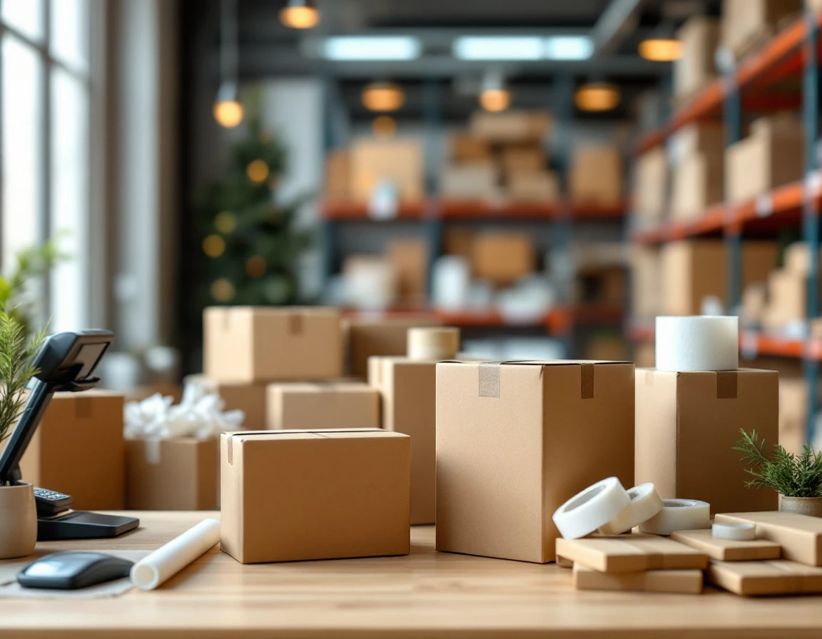 Pack-and-ship workspace with shipping supplies and payment terminal during holiday season preparation