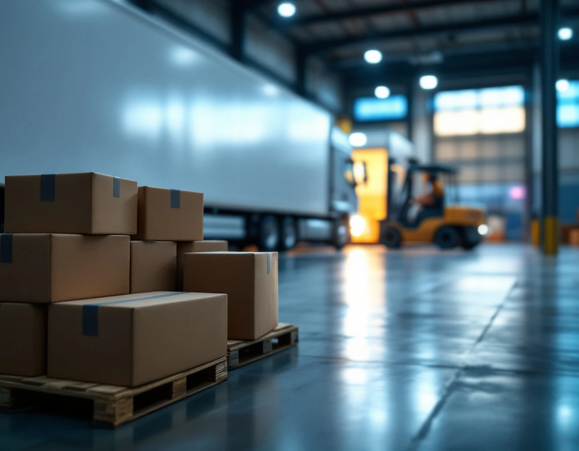 Unmarked delivery truck at warehouse loading dock with shipping boxes and customs paperwork at dusk