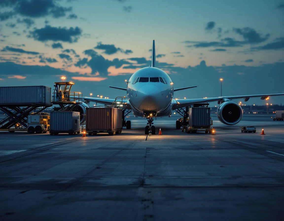 Airport cargo terminal at dusk with freight containers and ground handling equipment on tarmac