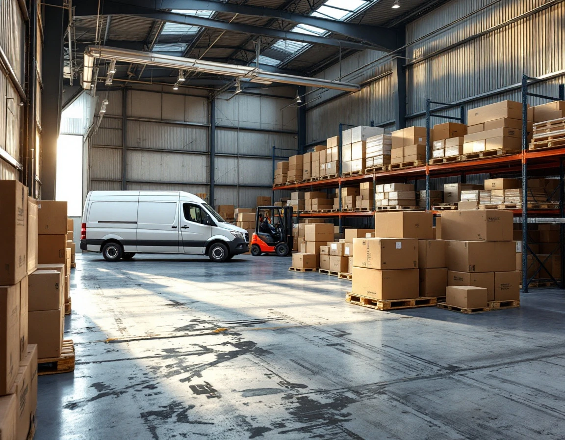 Warehouse loading dock with cargo van and international shipping containers ready for dispatch