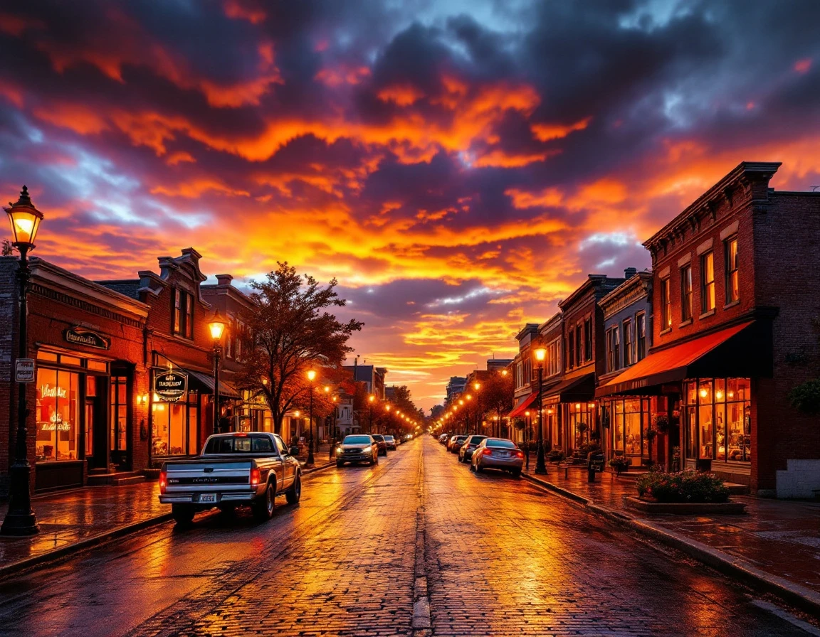 Rural small town main street at twilight with illuminated storefronts and wet pavement reflecting warm street lights