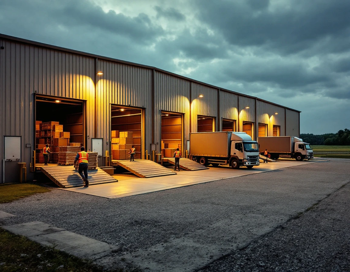 Rural shipping warehouse with loading docks and workers handling packages at dusk