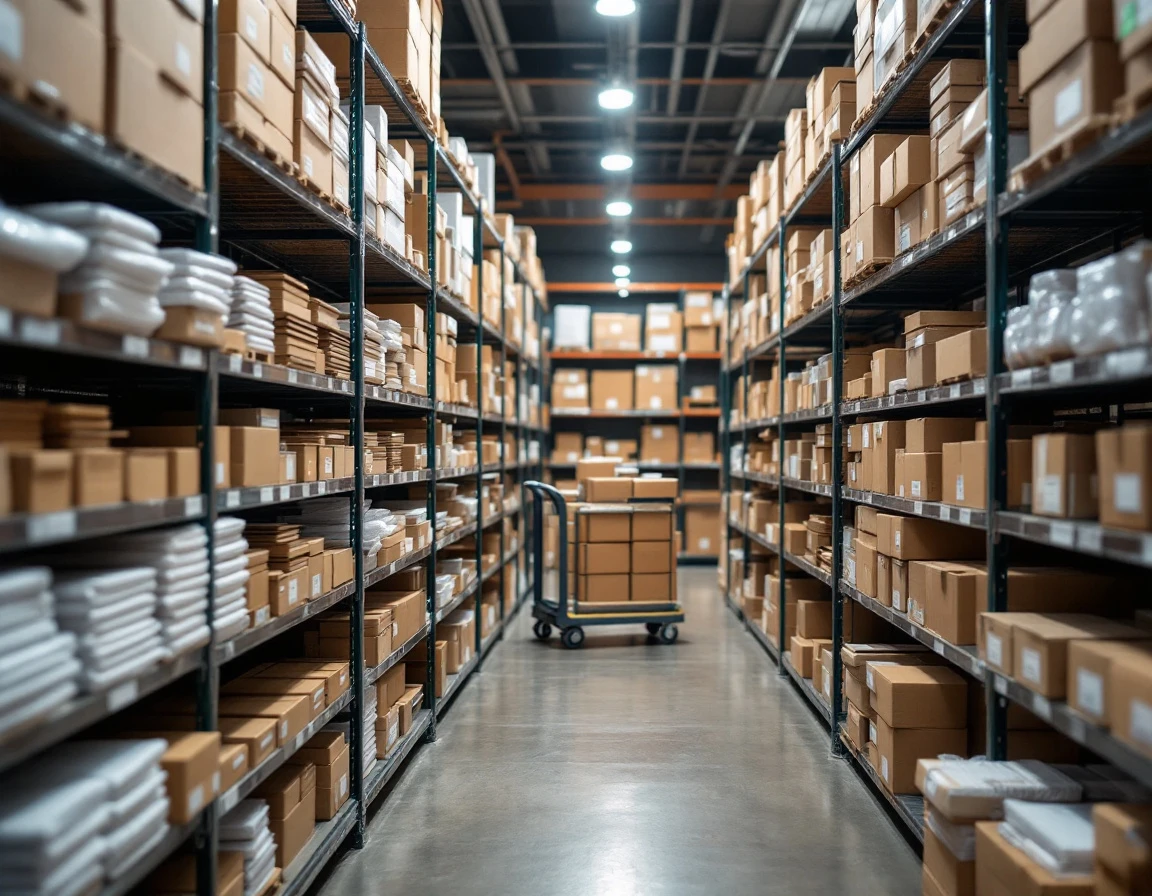 Organized shipping supply shelves with categorized inventory in a pack-and-ship store back room