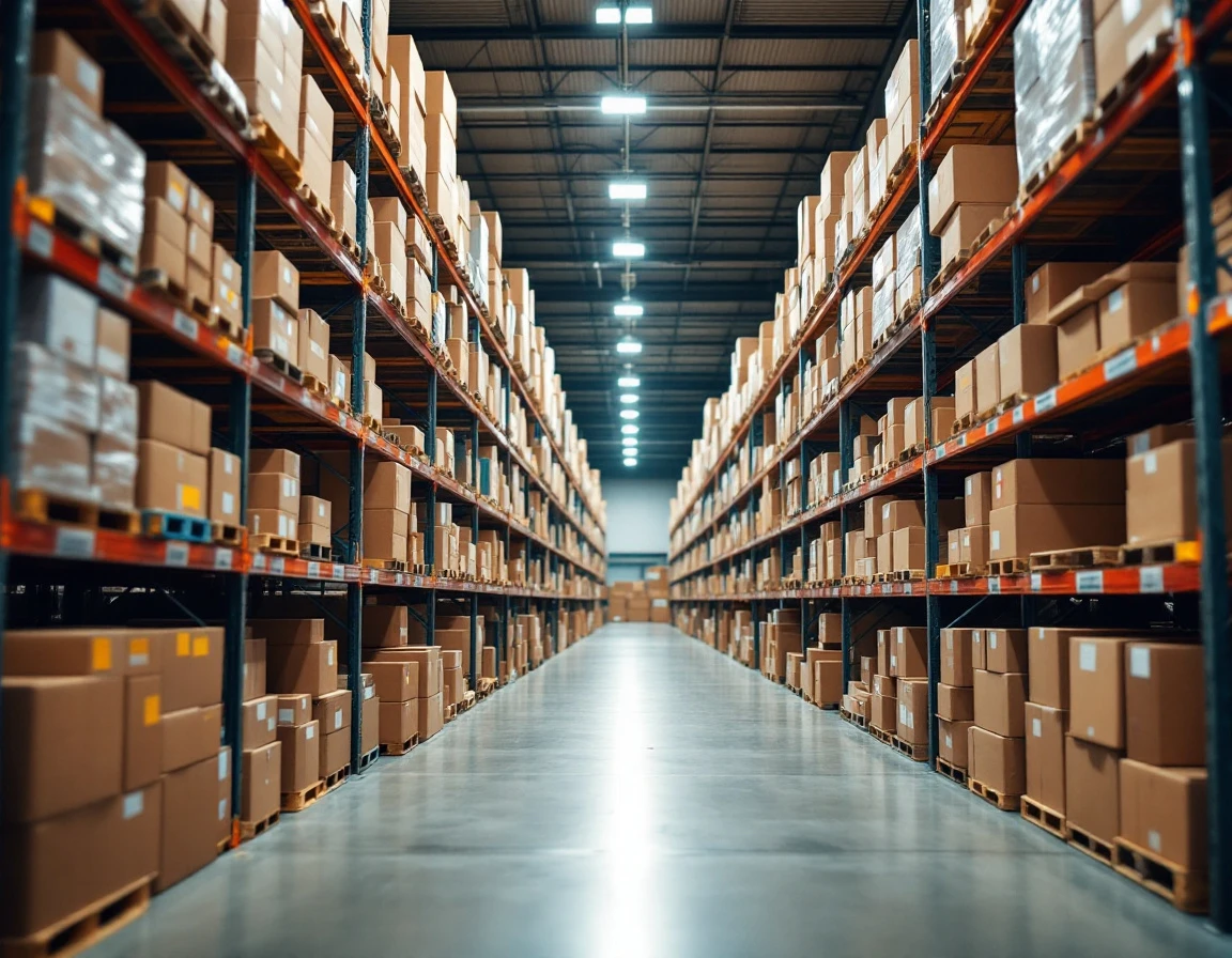 Organized shipping boxes on warehouse shelving during peak season showing systematic inventory management