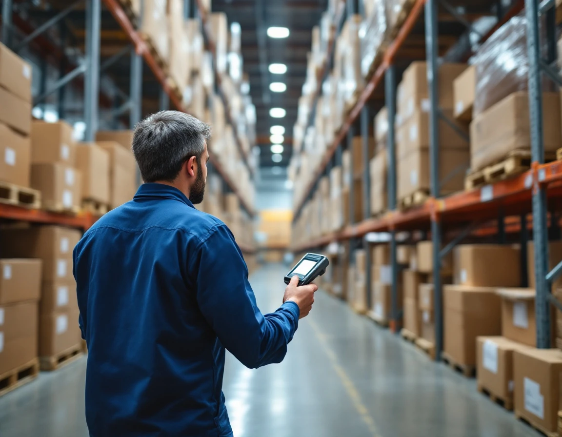 Warehouse worker scanning inventory with handheld device among stacked shipping boxes on industrial pallet racks