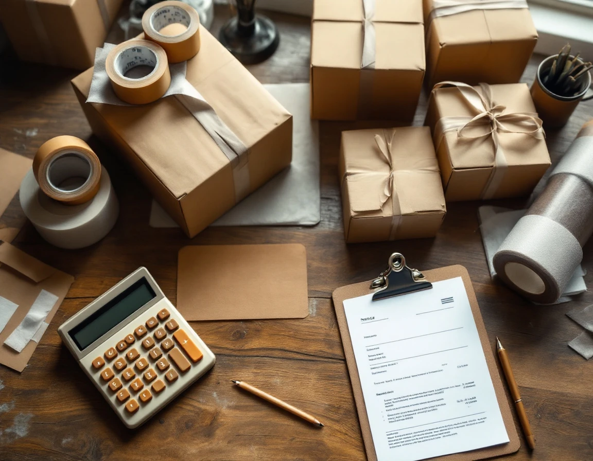 Shipping workspace with calculator, cardboard boxes, and packing materials under natural office lighting
