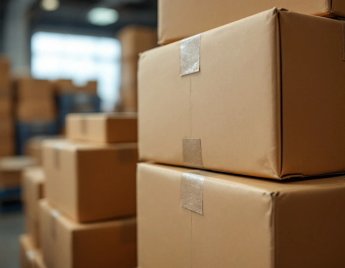 Stacked cardboard shipping boxes with kraft tape showing texture and natural wear in warehouse lighting