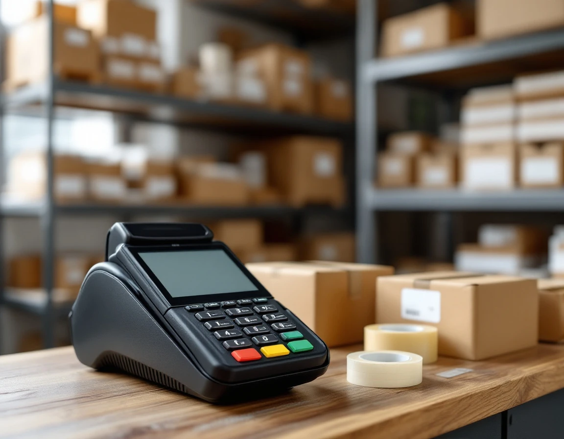 Payment terminal on counter surrounded by shipping supplies in pack-and-ship store