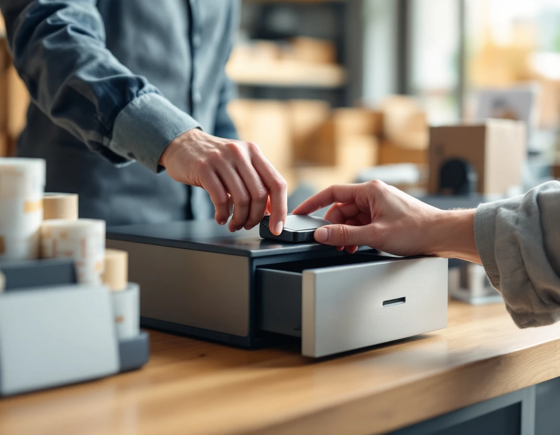 Biometric padlock securing a POS cash drawer on a pack-and-ship store counter with shipping supplies