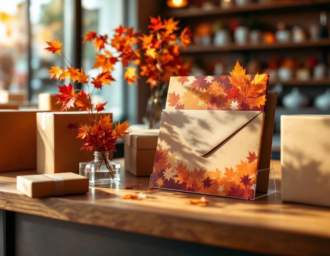 Retail counter displaying autumn-themed merchandising with shipping supplies and seasonal decorative elements