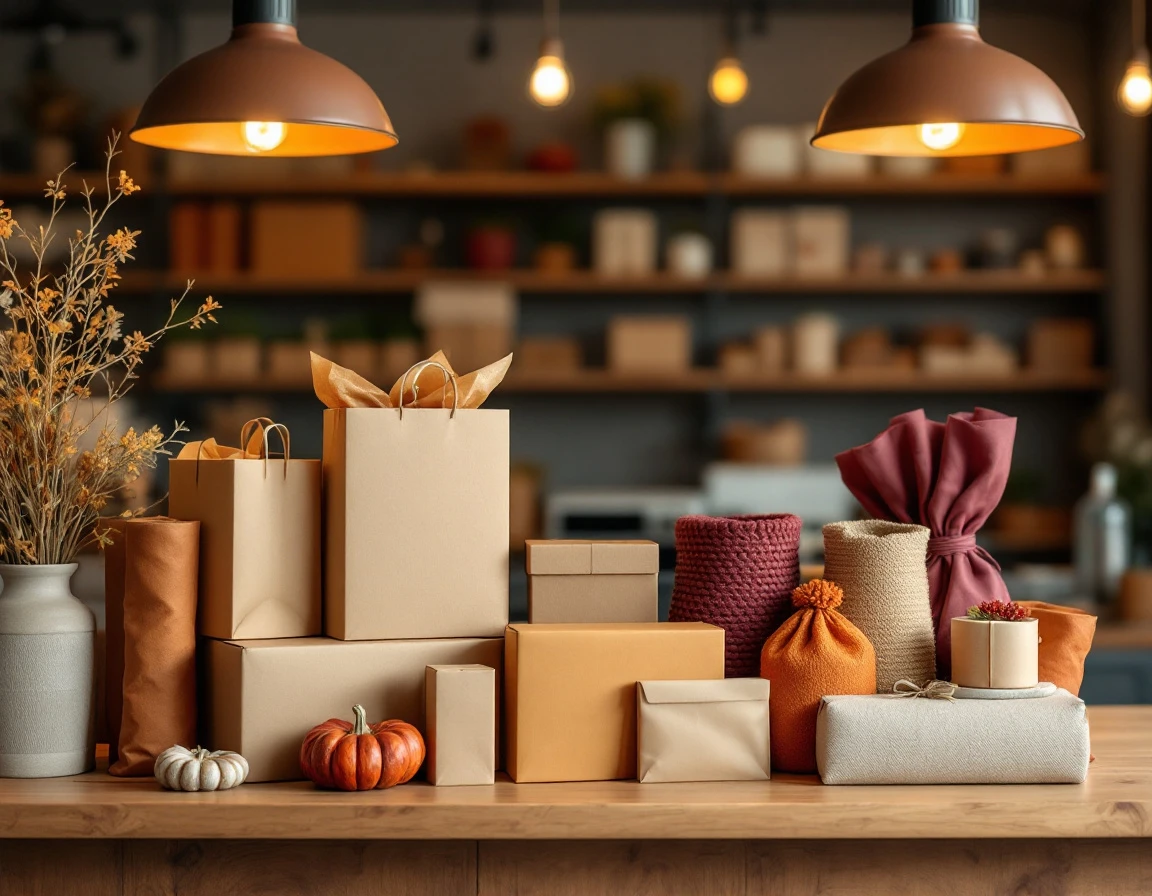 Retail counter display with autumn shipping supplies and seasonal merchandise arranged on wooden shelving
