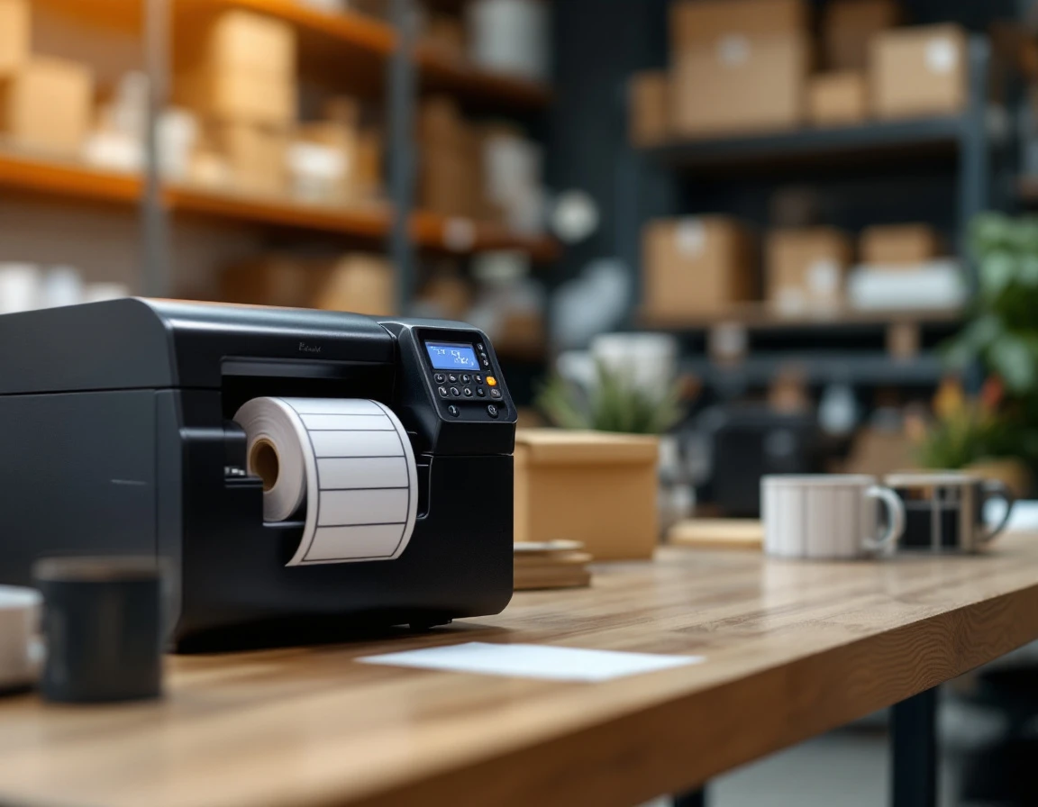 Professional thermal label printer on print shop workstation with shipping supplies in background