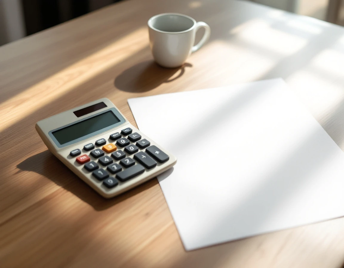 Calculator and blank paper on wooden desk with morning coffee in small business office setting