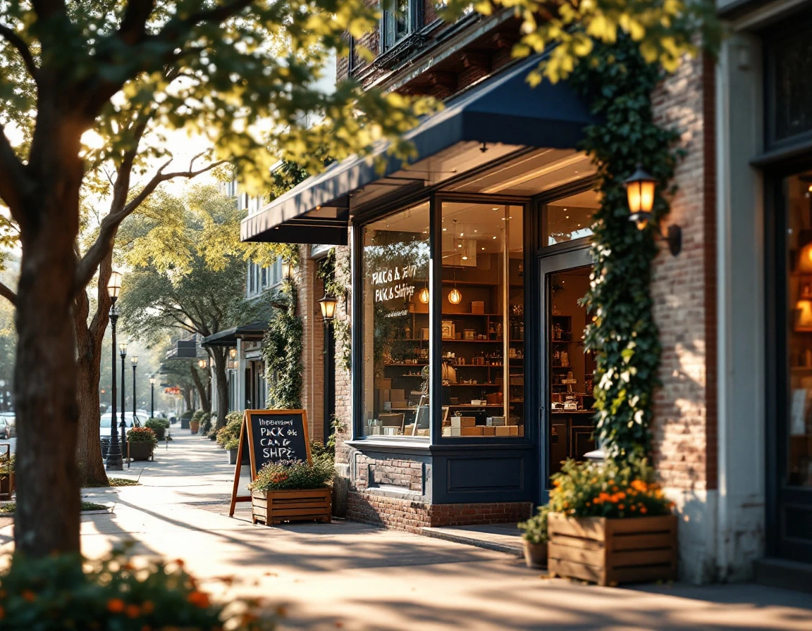 Independent pack-and-ship storefront on neighborhood commercial street with ivy-covered entrance and seasonal plantings