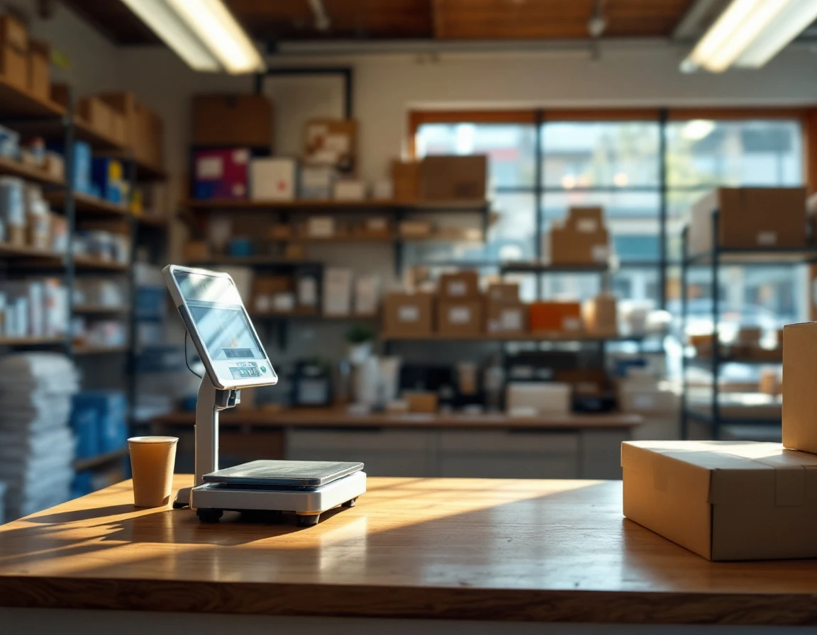 Independent shipping store counter with scales and organized packaging supplies in natural window light