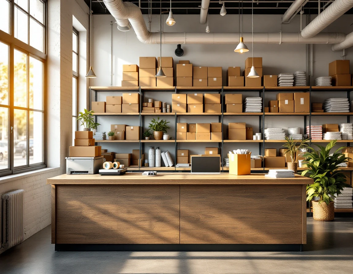 Independent shipping store counter with organized supplies and natural window lighting