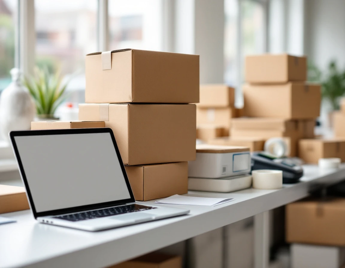 Pack-and-ship store workstations with shipping materials and blank technology displays in natural lighting