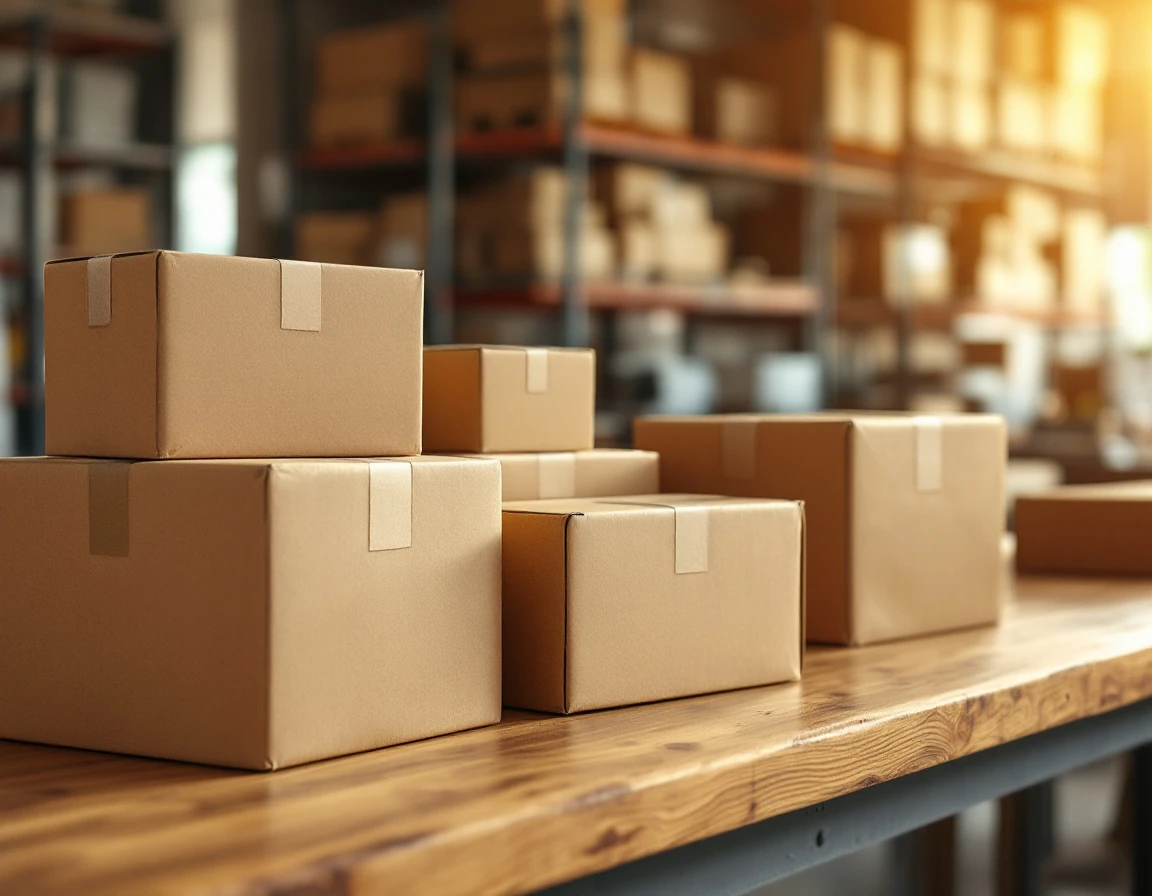 Cardboard shipping boxes arranged on wooden counter in professional fulfillment center workspace
