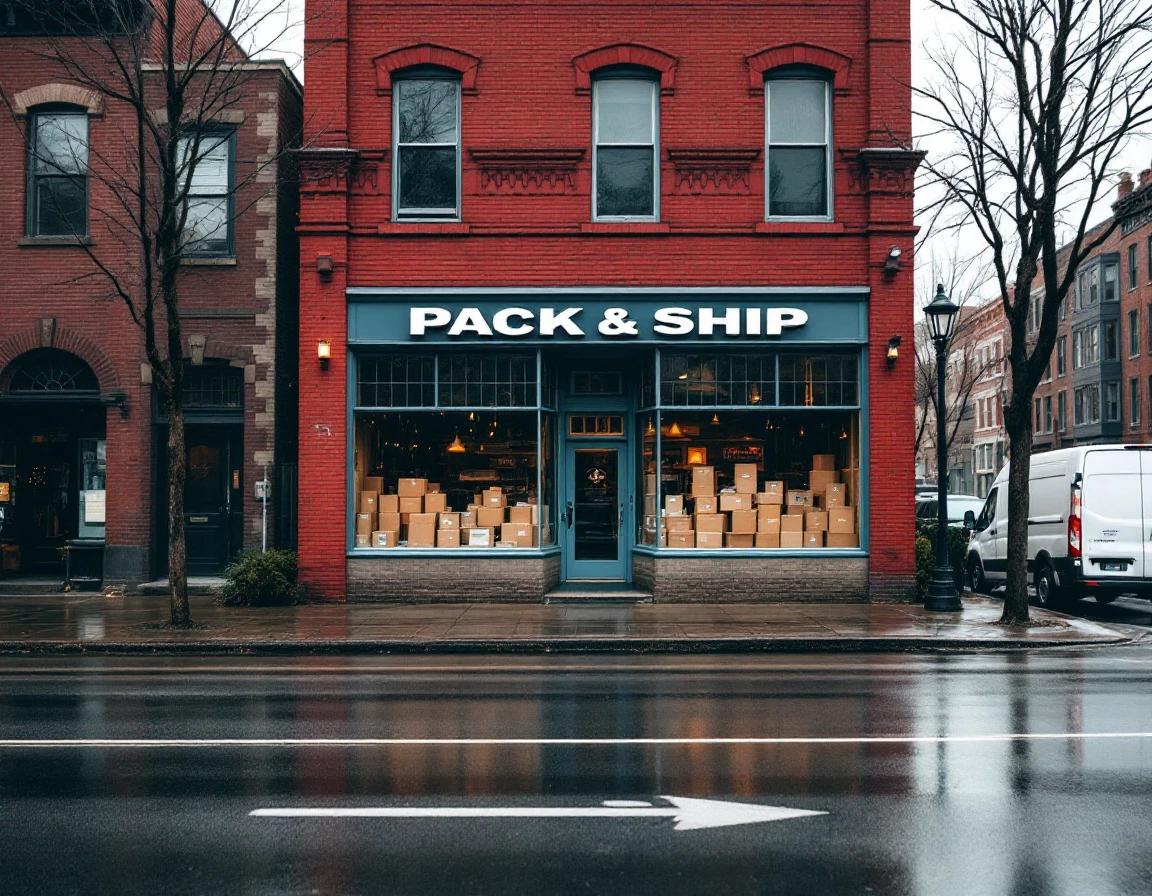 Pack-and-ship store with shipping boxes in window on wet winter street with delivery van parked outside