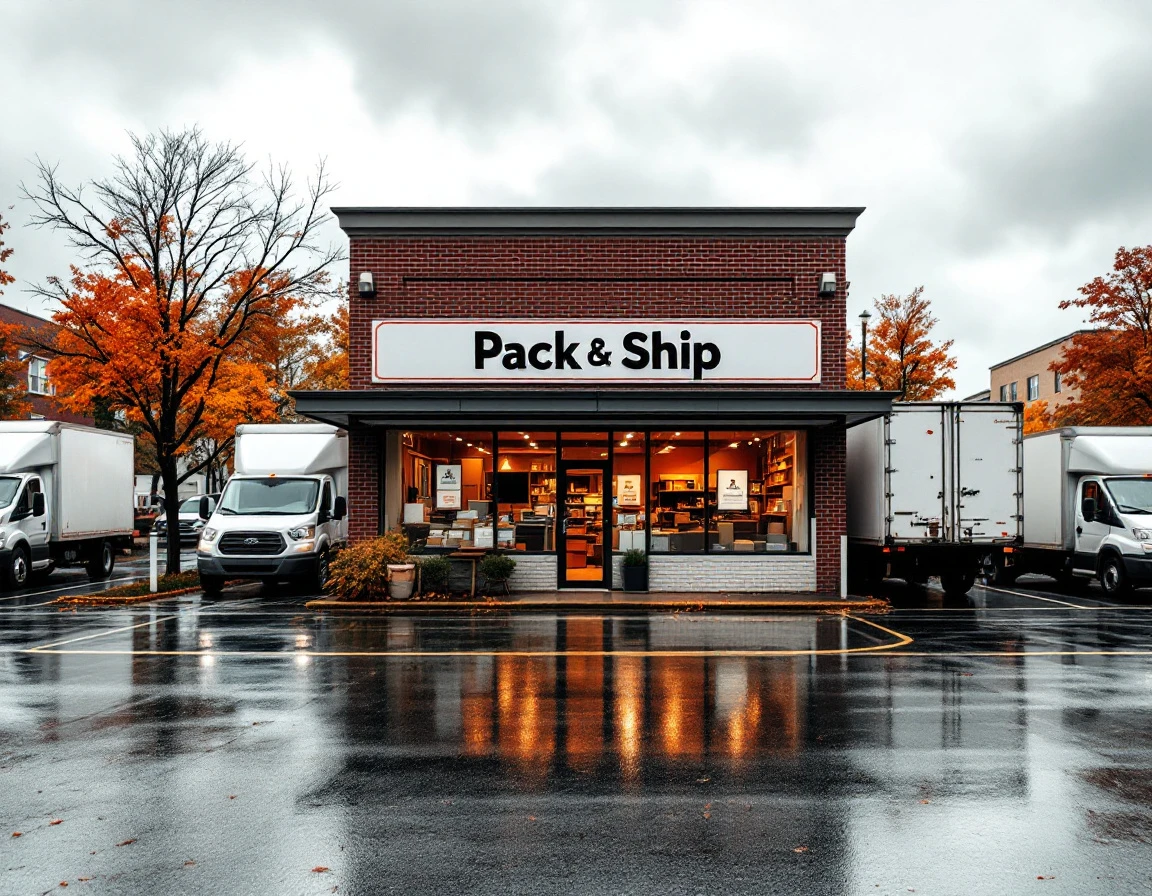 Commercial pack-and-ship store parking lot on overcast autumn day with delivery vehicles and wet pavement