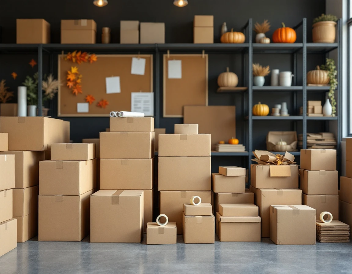 Weathered cardboard shipping boxes stacked on retail shelves with fall seasonal displays and printing samples