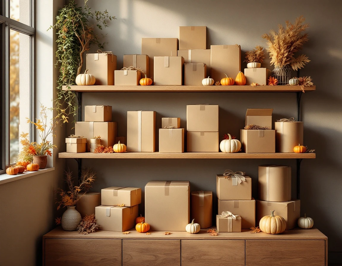 Retail display station with shipping boxes, printing samples, and autumn decorative items on wooden shelving