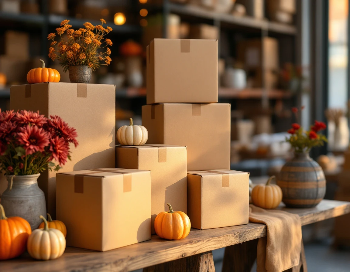Kraft paper shipping boxes arranged with autumn pumpkins and flowers on retail counter display