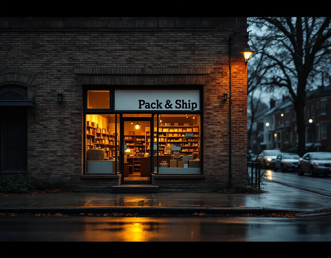 Independent shipping store at dusk with dim interior lighting visible through storefront windows in residential area