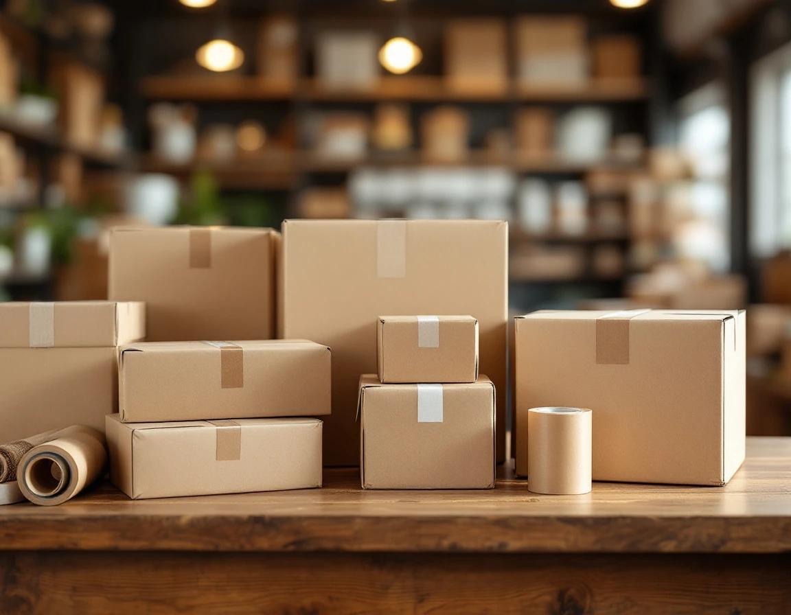 Cardboard boxes and packing materials arranged on a shipping store counter with natural overhead lighting