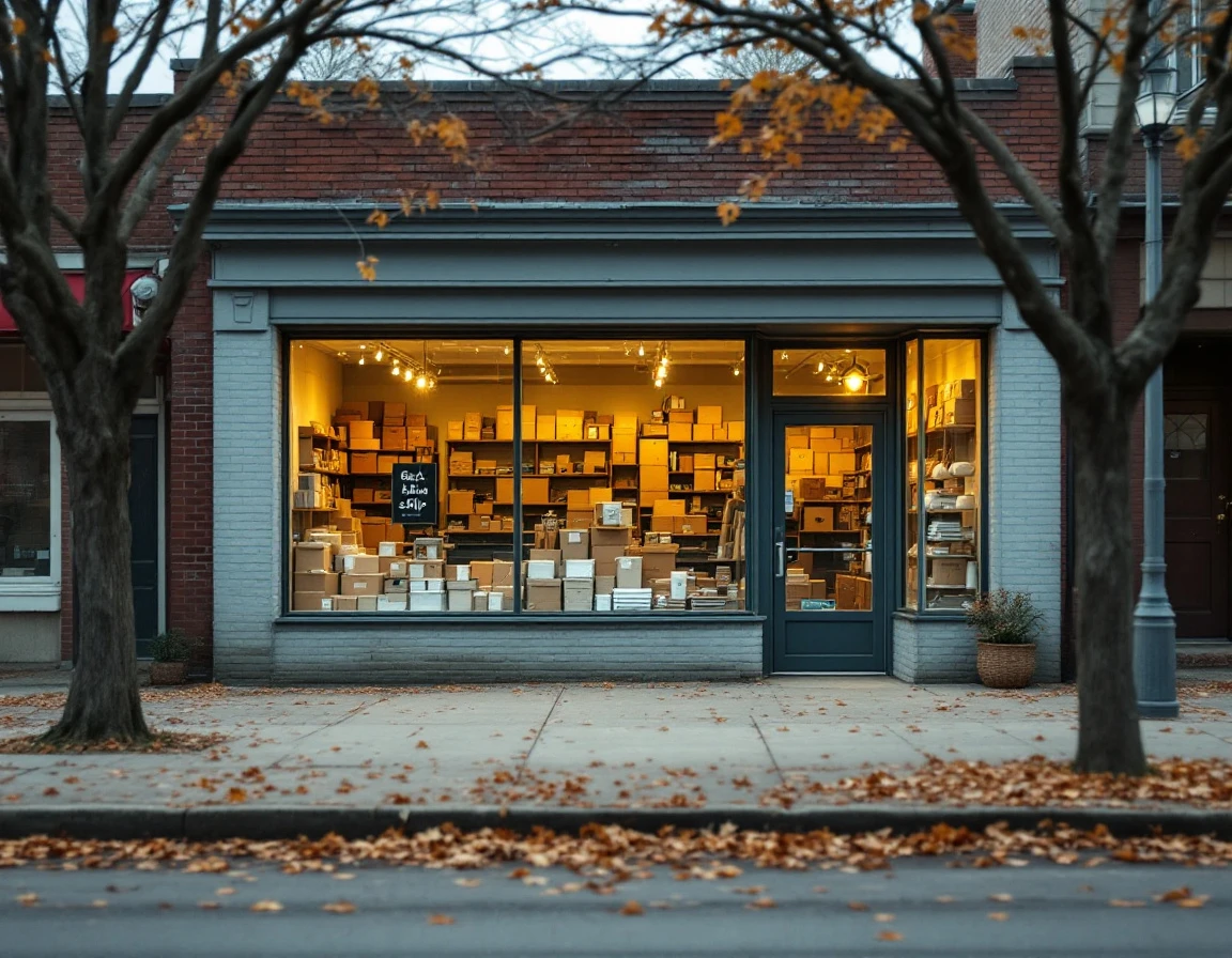 Independent pack-and-ship store in autumn neighborhood setting with shipping supplies visible through windows