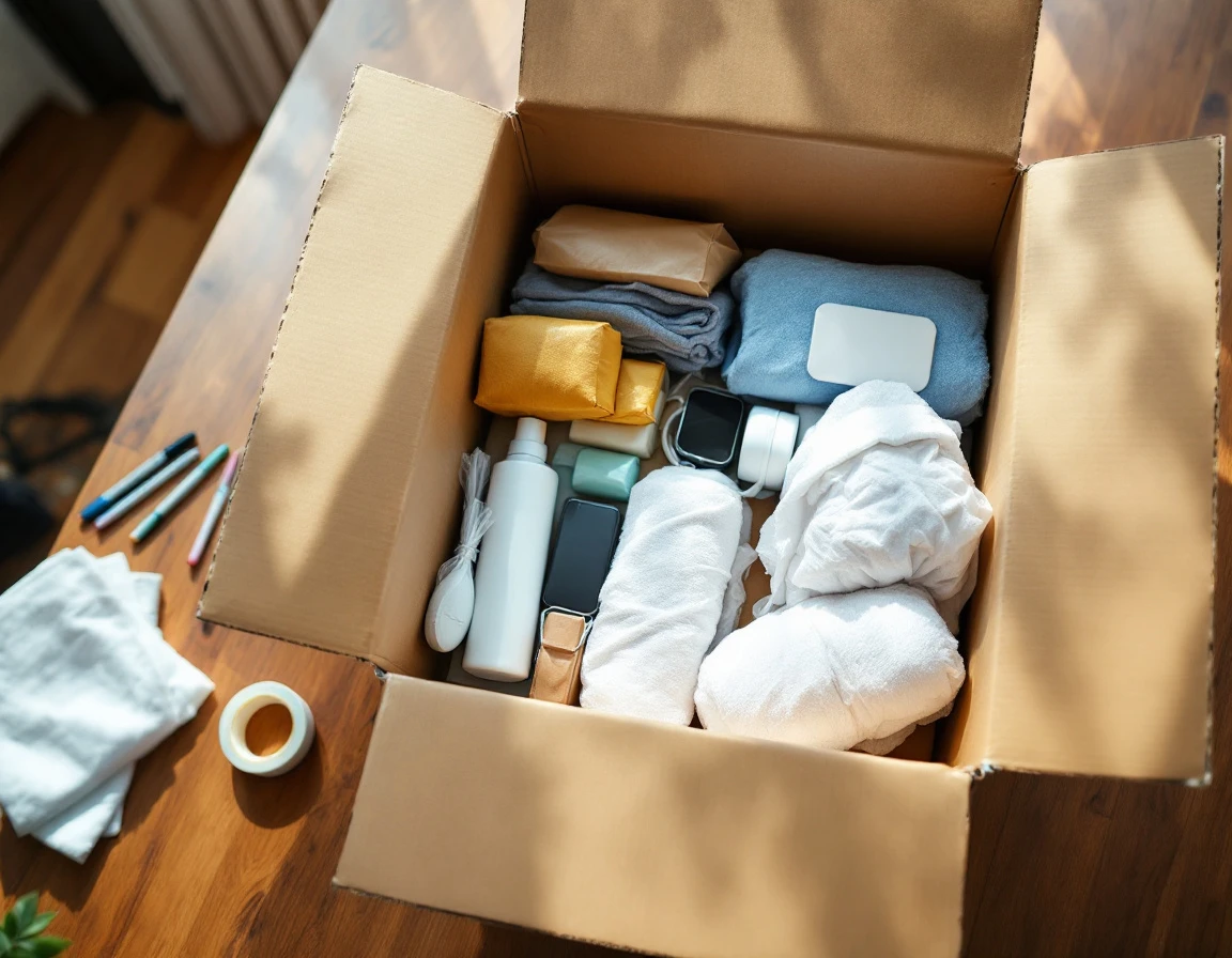 Open shipping box with organized dorm supplies wrapped in protective materials on wooden table