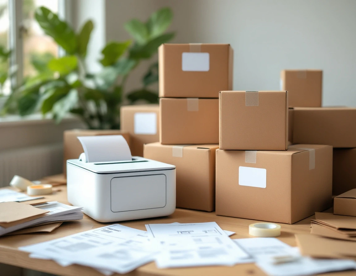 Organized workspace with thermal printer, plain cardboard boxes, and packing materials for college shipping