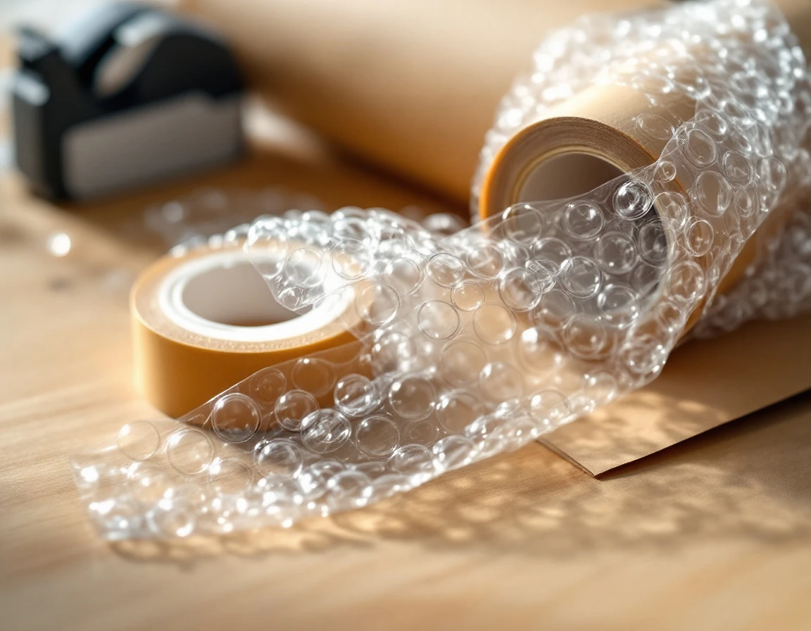 Brown packing tape, bubble wrap, and kraft paper arranged on wooden desk for college dorm shipping