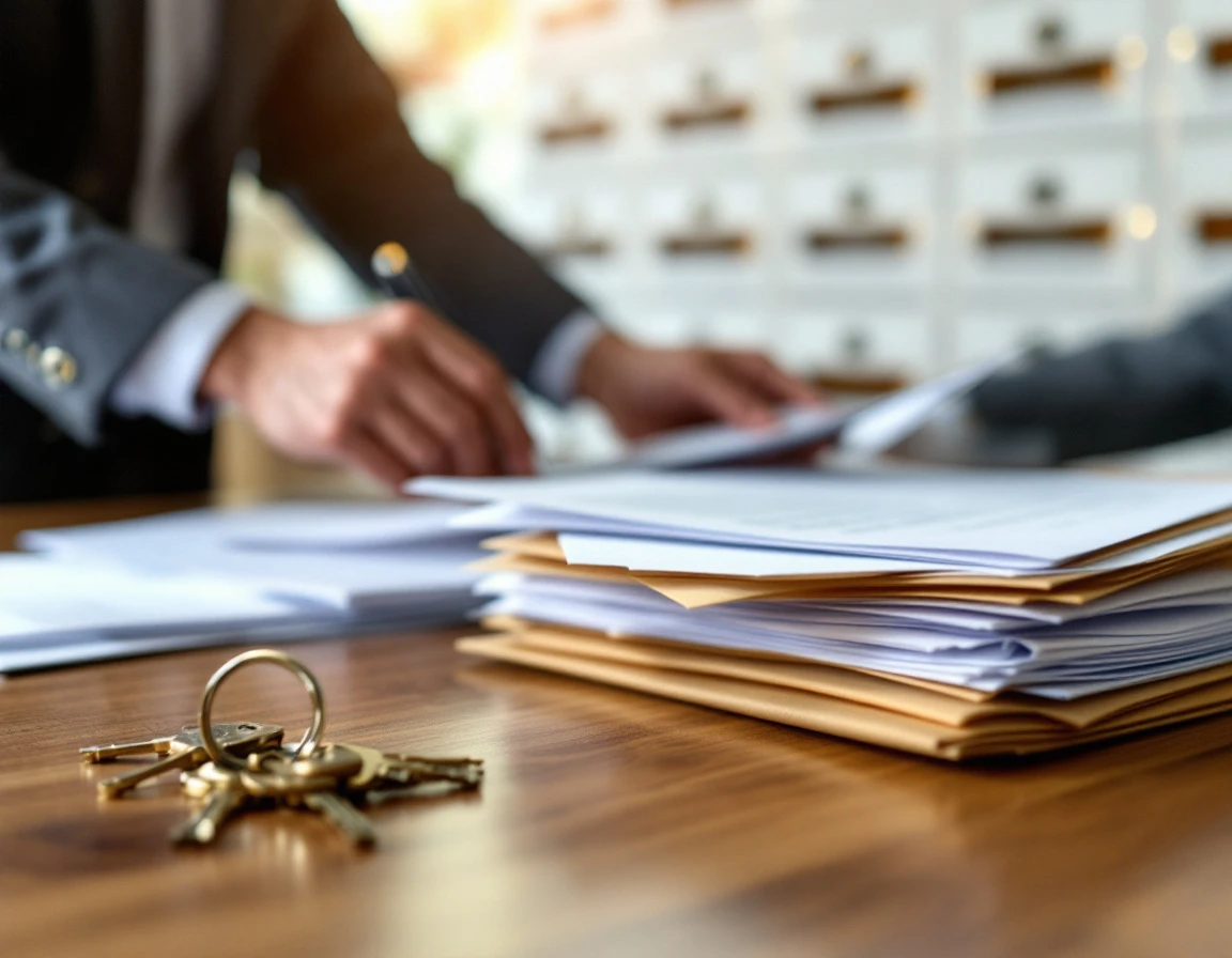 Hands organizing mail and folders on office desk with mailbox keys for commercial mail receiving service