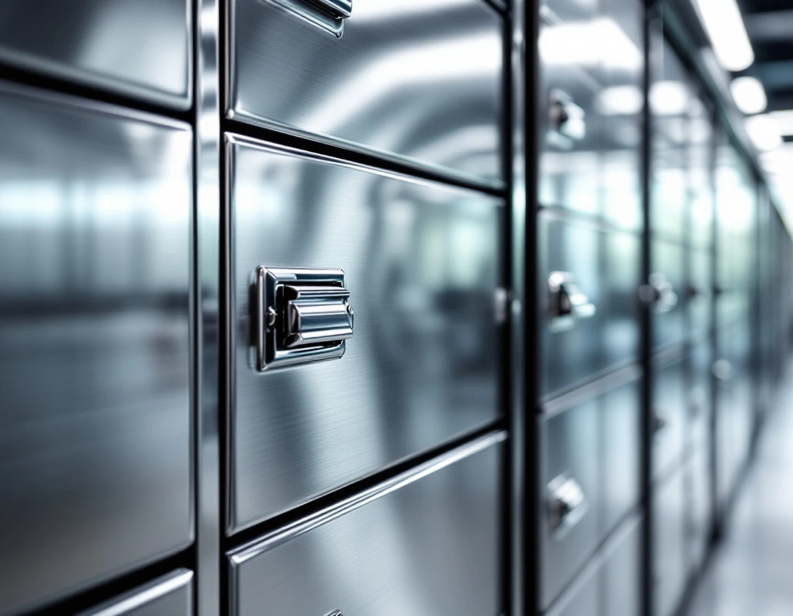 Brushed stainless steel mailbox hardware with precision hinges and locking mechanism in modern office