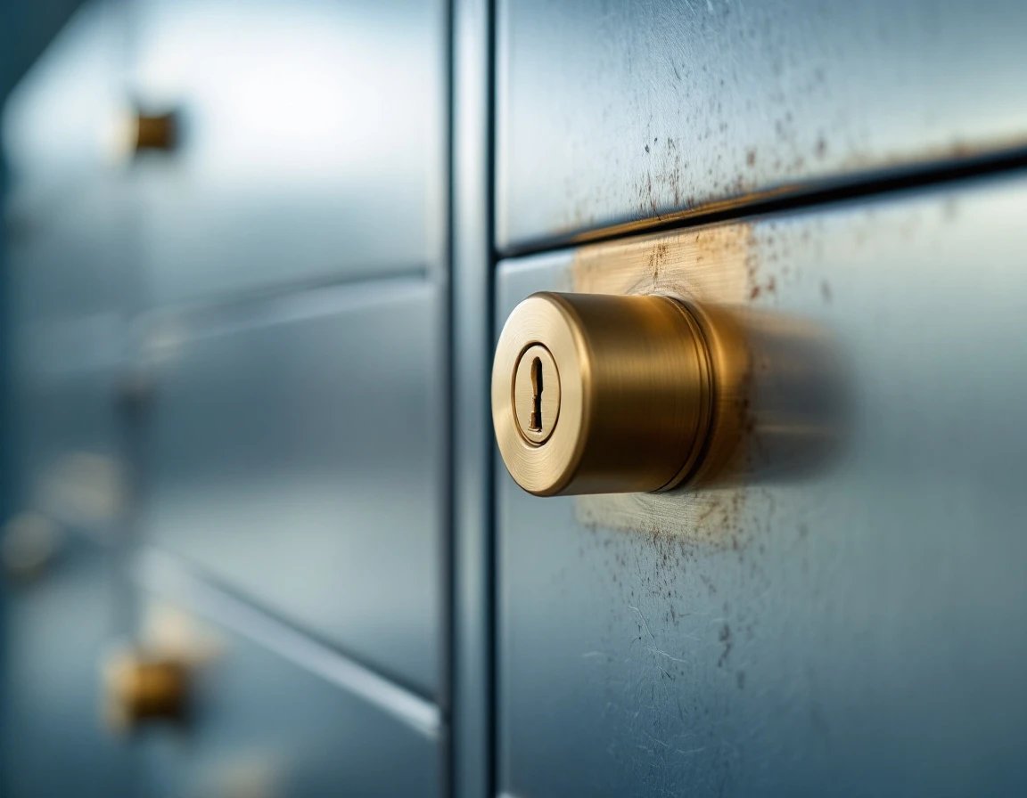 Commercial mailbox lock mechanism showing brass keyhole and durable metal construction