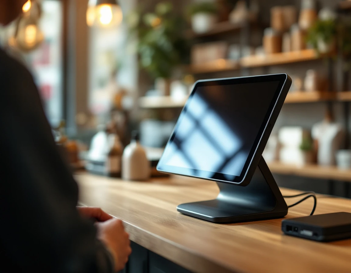 Modern POS terminal with organized cables on retail counter in small business storefront