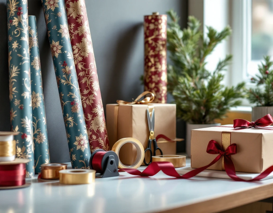 Gift wrapping supplies including festive paper, ribbon spools, and scissors arranged on shipping counter