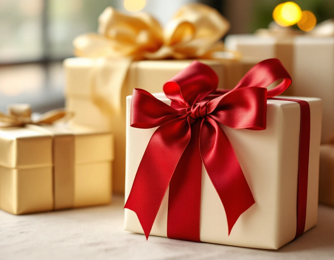 Professionally wrapped gift boxes with gold and red ribbon bows showcasing premium holiday packaging