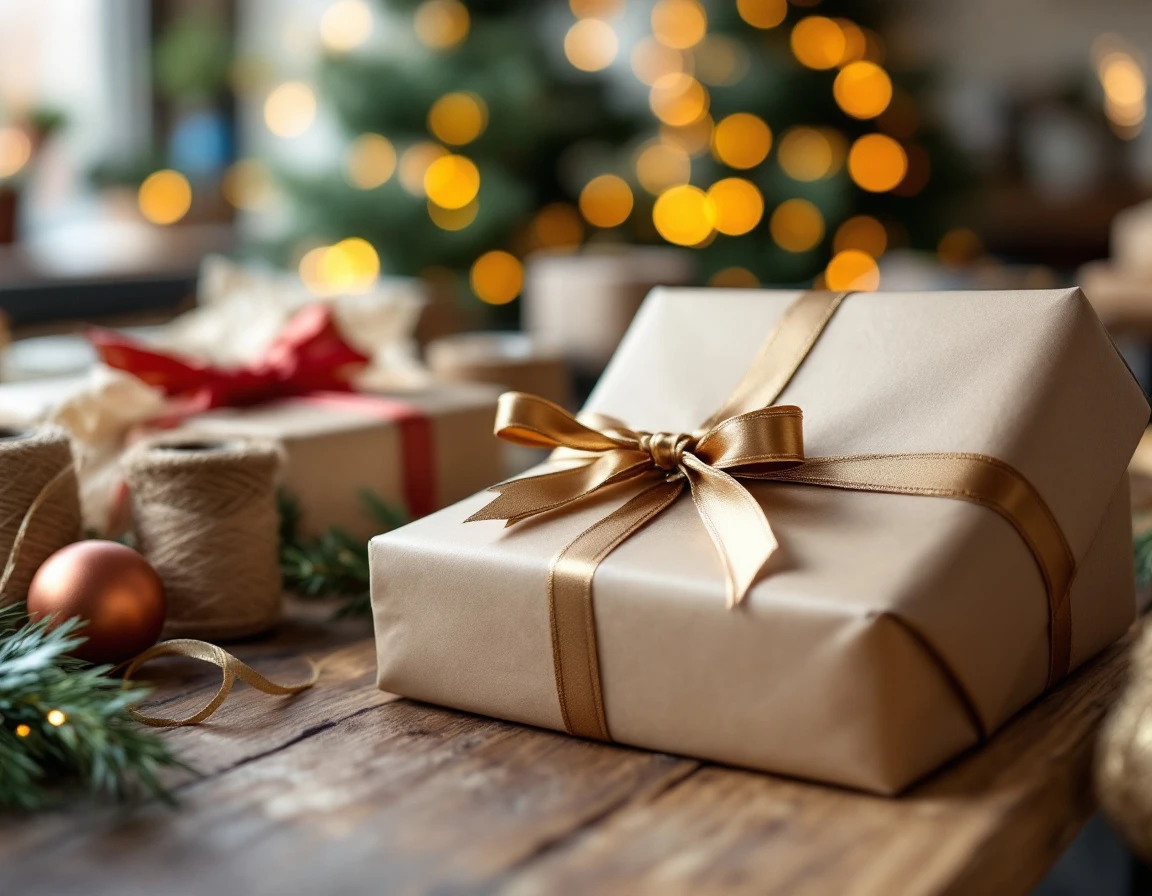 Gift-wrapped packages with decorative ribbon and premium packaging materials on shipping counter